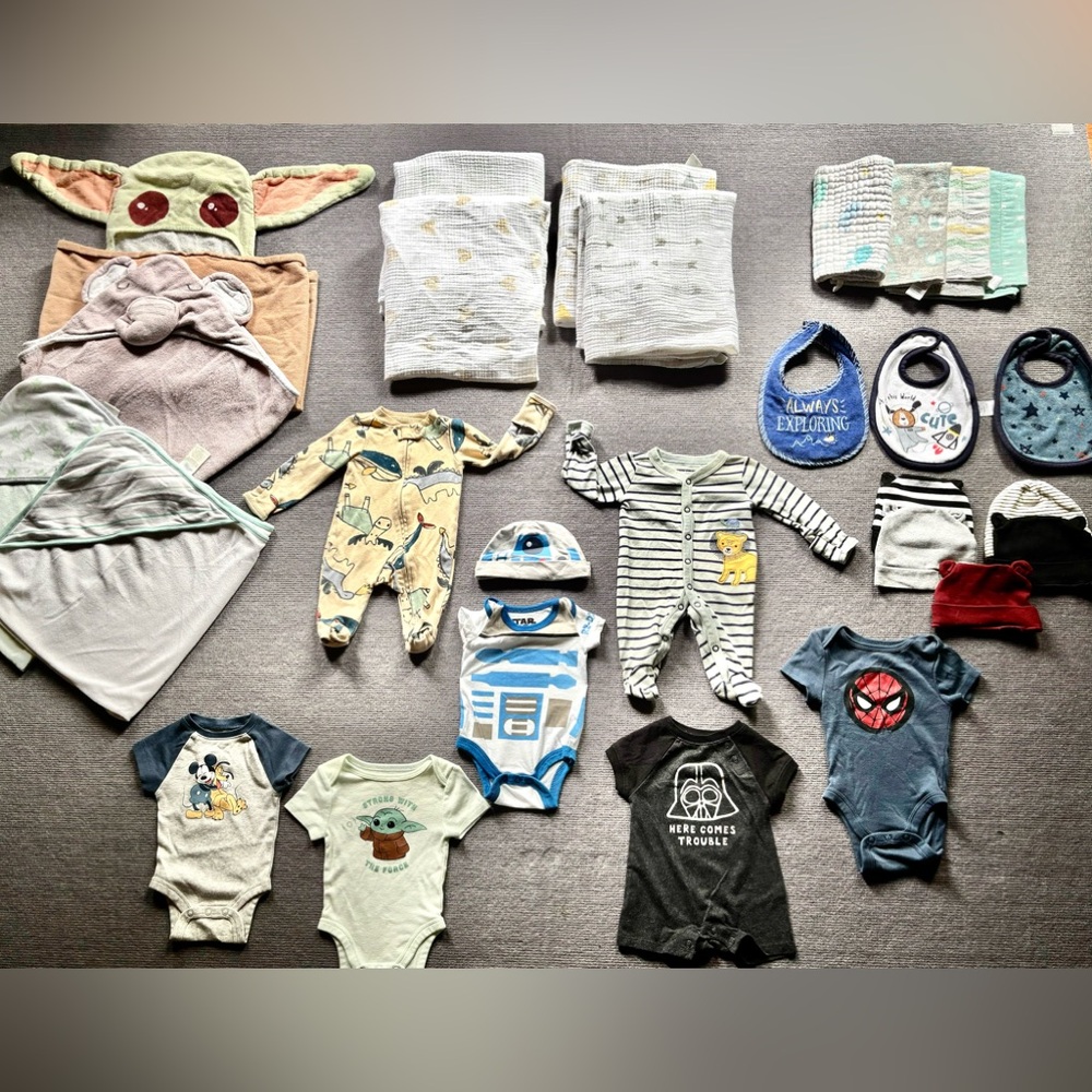 Newborn Lot (clothing, muslin blankets, towels, hats, burp cloths and bibs)
